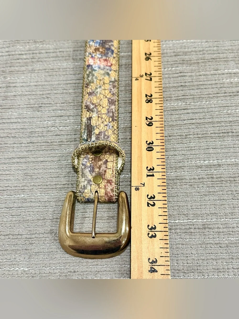 Ladies Vintage Leather Belt,‎ Yellow With Glittery Abstract Designs, Gold Buckle